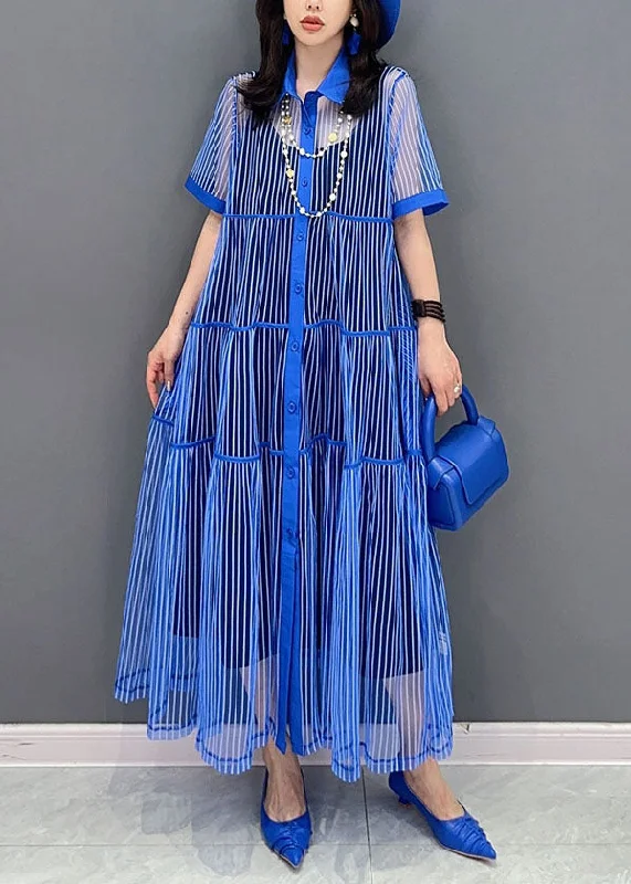 Boutique Blue Striped Peter Pan Collar Patchwork Tulle Shirts Dress Summer Sexy Tulle Dress