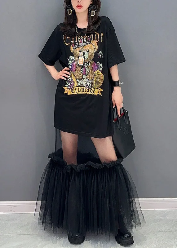 Style Black Tulle Ruffled Cartoon print Patchwork Cotton Dress Summer Tulle Dress Occasion