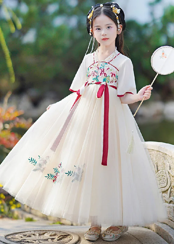 Casual Champagne V Neck Embroideried Patchwork Tie Waist Tulle Girls Long Dresses Summer Tulle Dress Flare