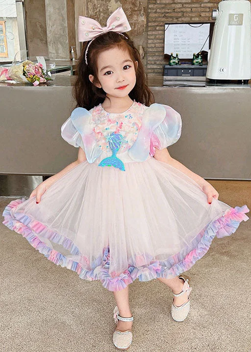 Style Rainbow Ruffled Patchwork Tulle Kids Girls Dress Summer Tulle Dress Silhouette