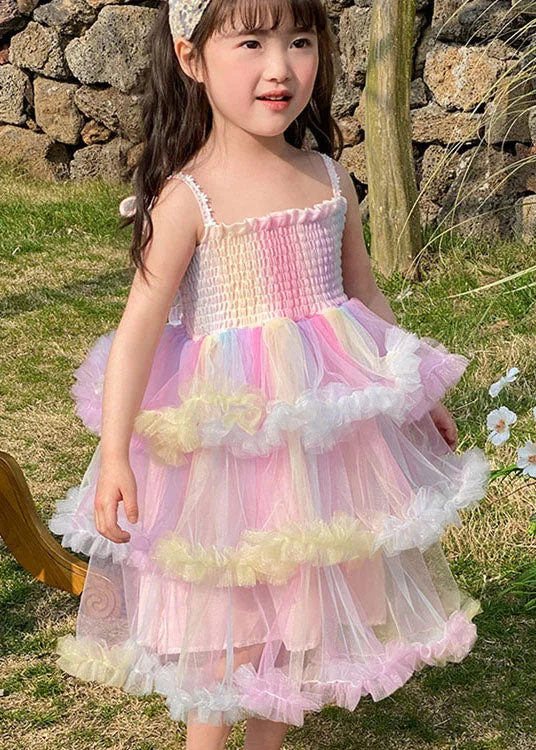 Lovely Rainbow Ruffled Layered Patchwork Tulle Baby Girls Dresses Sleeveless Tulle Dress Soft