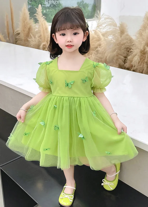 Green Patchwork Wrinkled Tulle Kids Maxi Dresses Short Sleeve White Lace Tulle