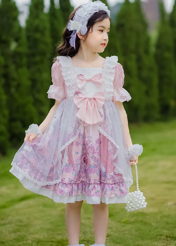 Sweet Pink Ruffled Bow Character Patchwork Tulle Kids Girls Princess Dress Summer Lace Tulle Dress