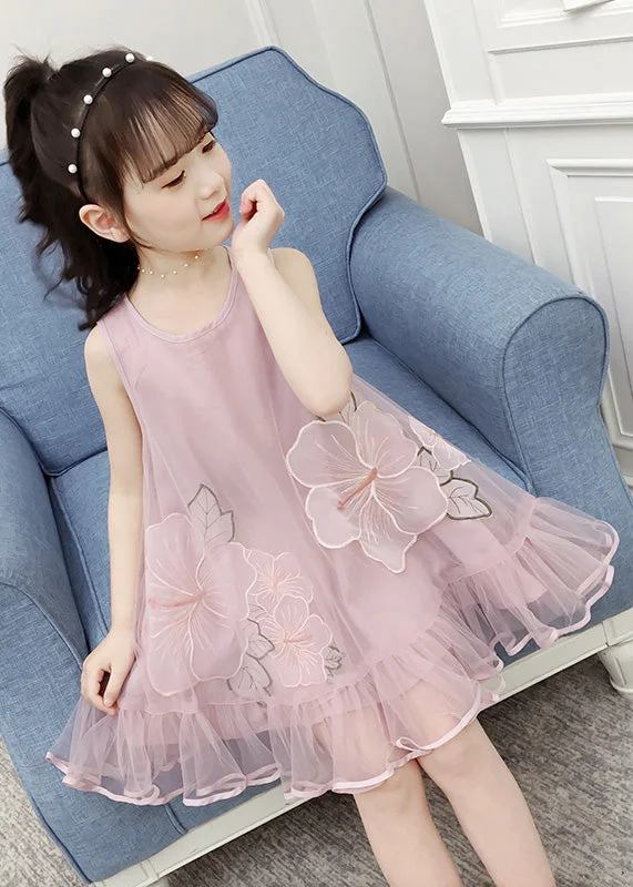 Fine Pink O-Neck Patchwork Embroideried Patchwork Tulle Girls Long Dresses Sleeveless Tulle Dress Flare