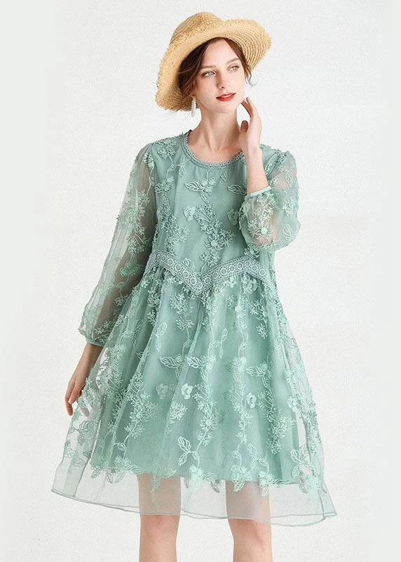 Chic Green O-Neck Tulle A Line Fall Lace Long Sleeve Mid Dress Pink Tulle Dress