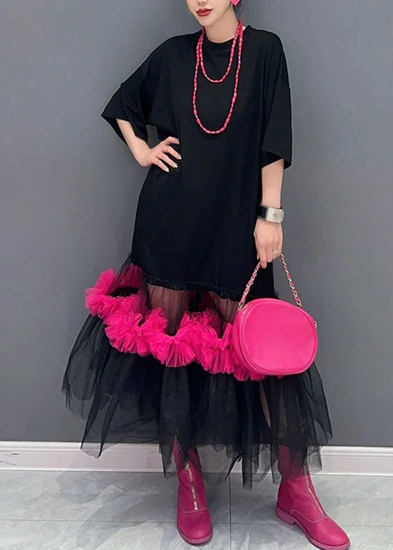 Classy Black O-Neck Tulle Patchwork Long T Shirts Dress Half Sleeve Tulle Evening Gown