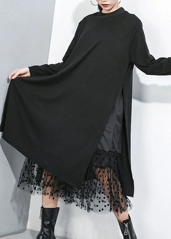 Women Black Asymmetrical Tulle Patchwork Cotton Maxi Dresses Spring Tulle Maxi Dress