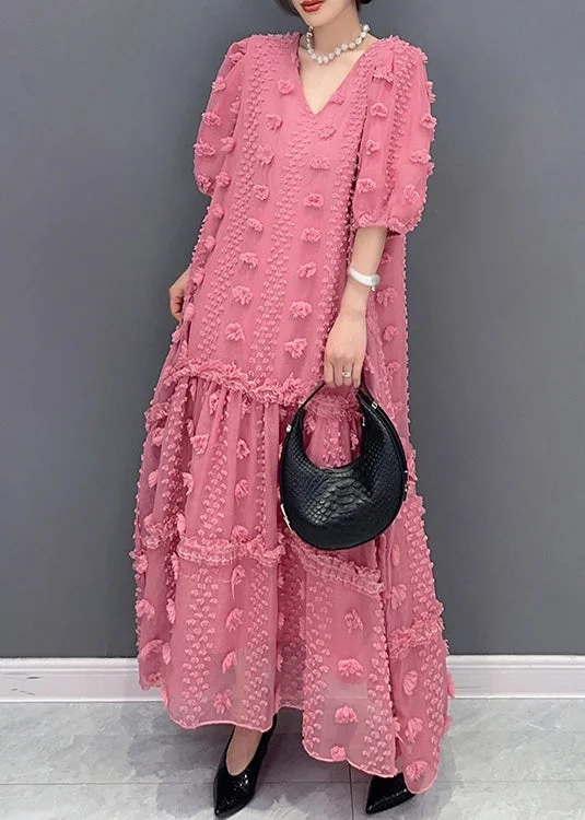 Cute Pink Ruffled Patchwork Tulle Long Dress Summer Long Sleeve Tulle