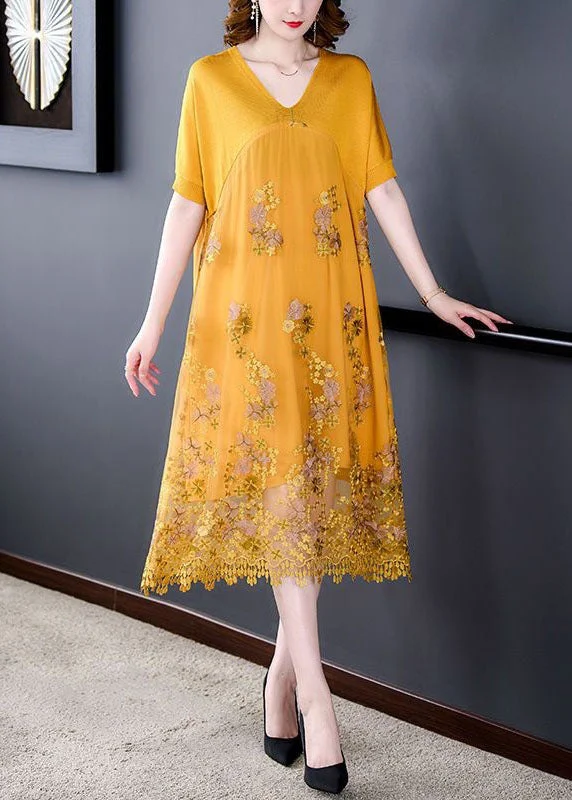 Yellow Patchwork Tulle Dresses Embroideried V Neck Summer Tulle Skirt Dress