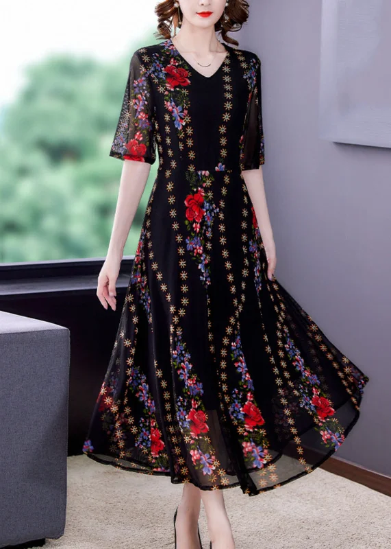 Fine Black V Neck Print Patchwork Tulle Long Dresses Summer Tulle Dress Fashion