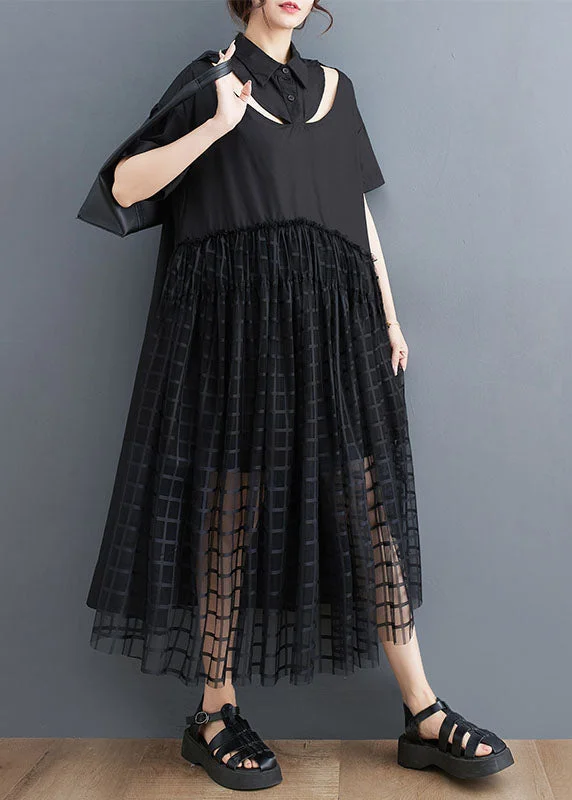 Style Black Peter Pan Collar Patchwork Tulle Shirts Dress Summer Tulle Maxi Dress