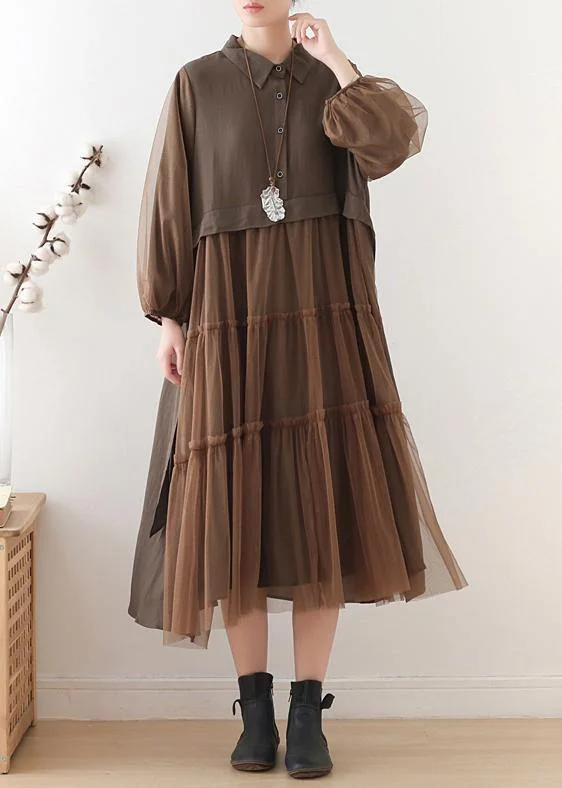 Handmade lapel patchwork tulle clothes Catwalk chocolate robes Dresses Tulle Dress Shine