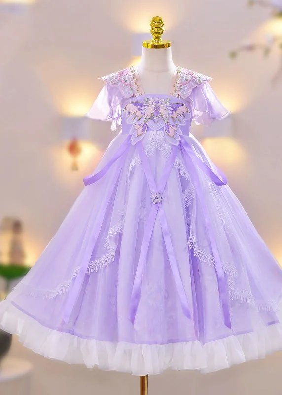 Chic Purple Embroideried Tassel Lace Patchwork Tulle Girls Maxi Dress Summer Glitter Tulle Dress