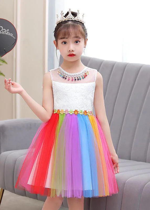 Beautiful Rainbow Daisy Tassel Tulle Kids Girls Dress Summer Tulle Dress Shine