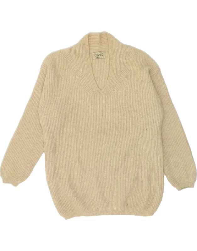 BENETTON Womens Longline V-Neck Jumper Sweater UK 14 Medium Beige Wool Streetwear sweaters