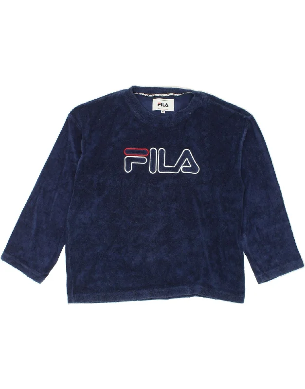 FILA Womens Oversized Graphic Fleece Jumper UK 6 XS Navy Blue Cotton Lightweight sweaters for spring