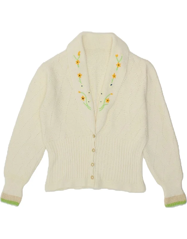 VINTAGE Womens Cardigan Sweater UK 14 Medium White Floral Acrylic Chunky knit sweaters