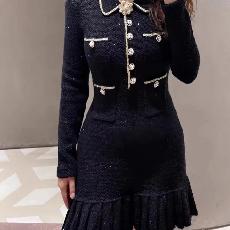 Long Sleeve Diamond Buckle POLO Neck Knitted Hip Dress Best mini dresses for summer vacation