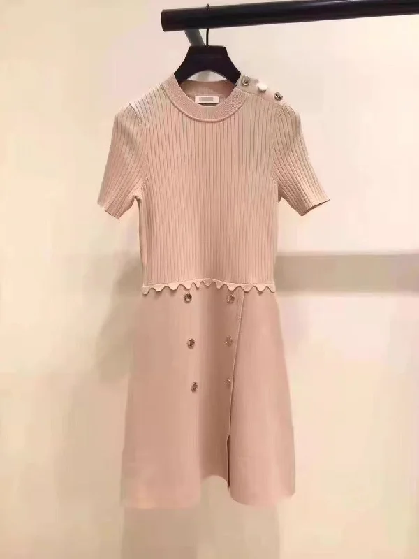 Metal Button Embellished Knitted Short Sleeve Dress Trendy mini dresses under $50