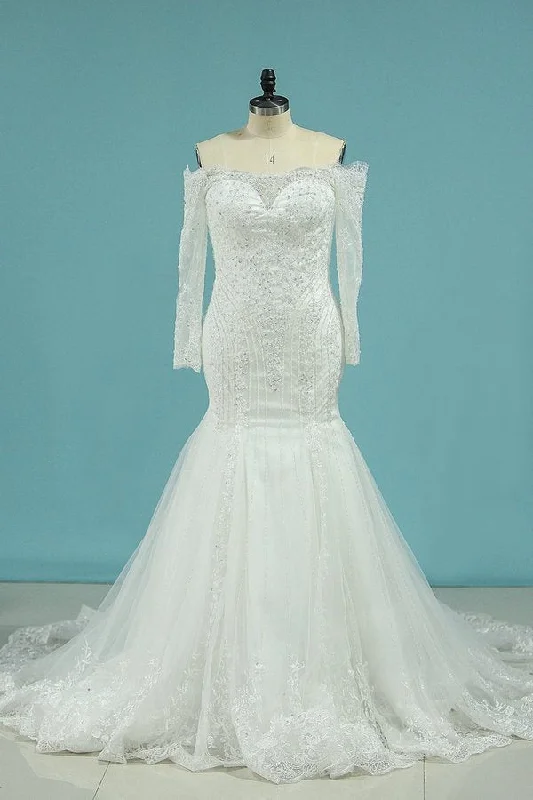 2024 Wedding Dresses Mermaid Strapless Chapel Train With P2PHGJX4 Long Sleeve Gown