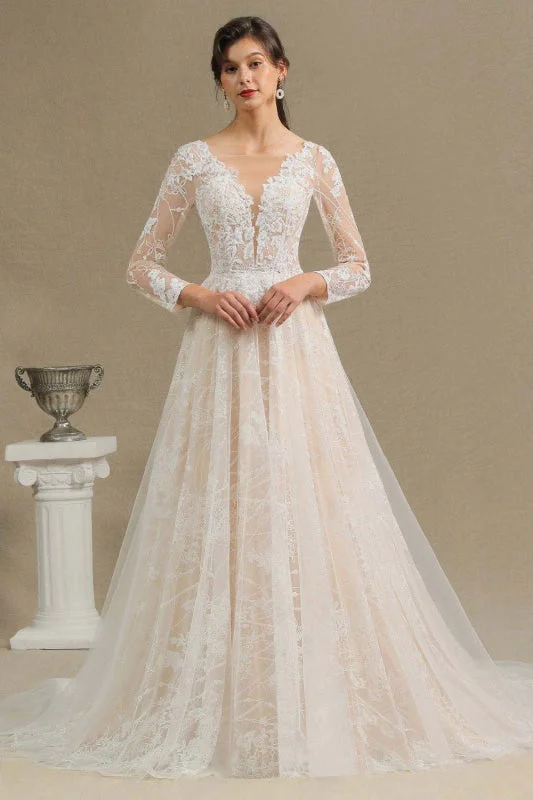 Gergrous Long Sleeve Lace Rulle Tulle A-line Wedding Dress Glitter Wedding Dress