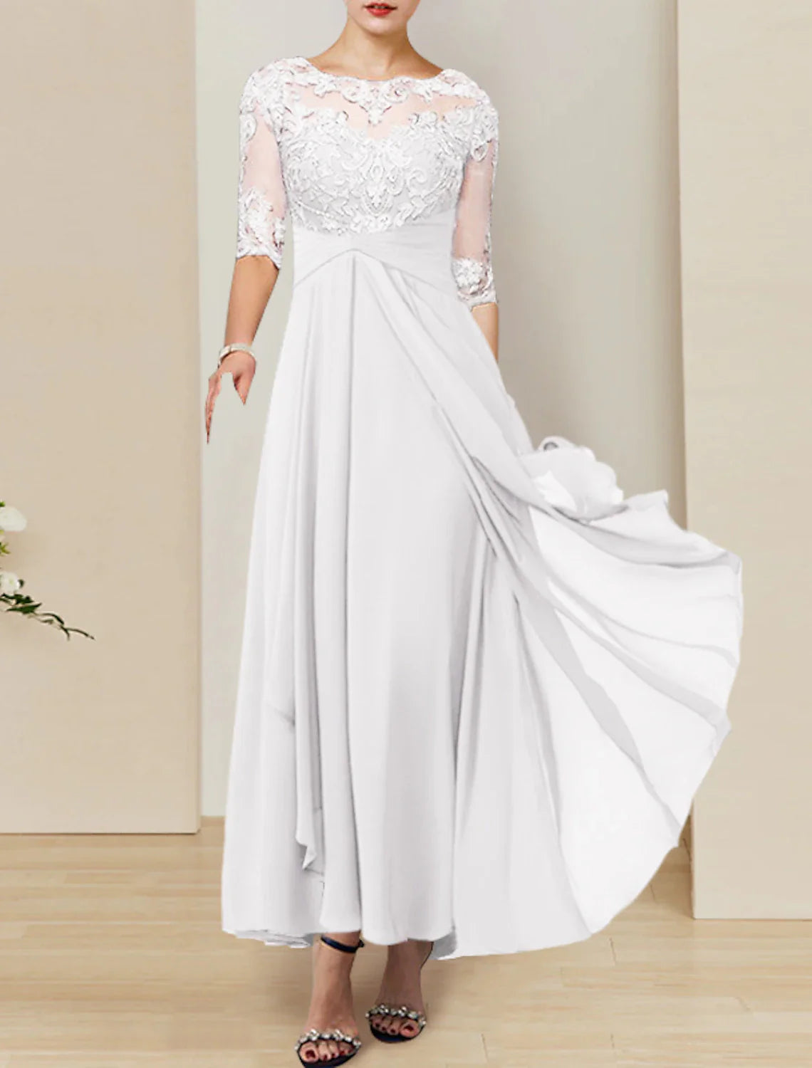 Bridal Shower Simple Wedding Dresses Wedding Dresses A-Line V Neck 3/4 Length Sleeve Tea Length Chiffon Bridal Gowns With Appliques Solid Color Princess Wedding Dress