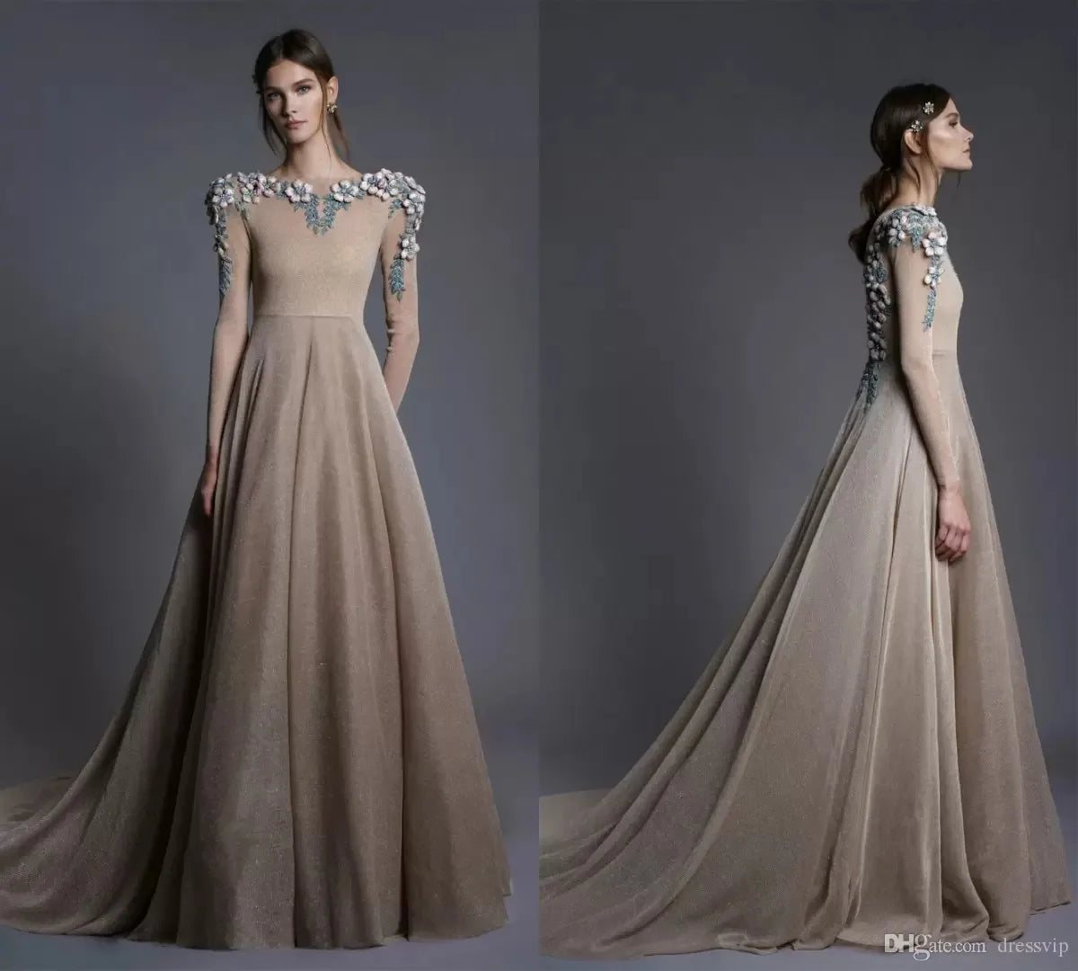 Champagne Prom Dresses A Line Bateau Neck Embroidery Beaded Sweep Train Evening Dress Custom Made Plus Size Formal Evening Gowns Embroidered Wedding Dress