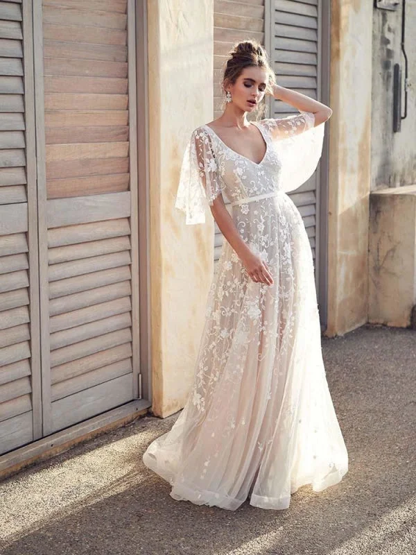 Cheap V Neck Half Sleeve Lace Boho Wedding Dresses Formal Wedding Dress