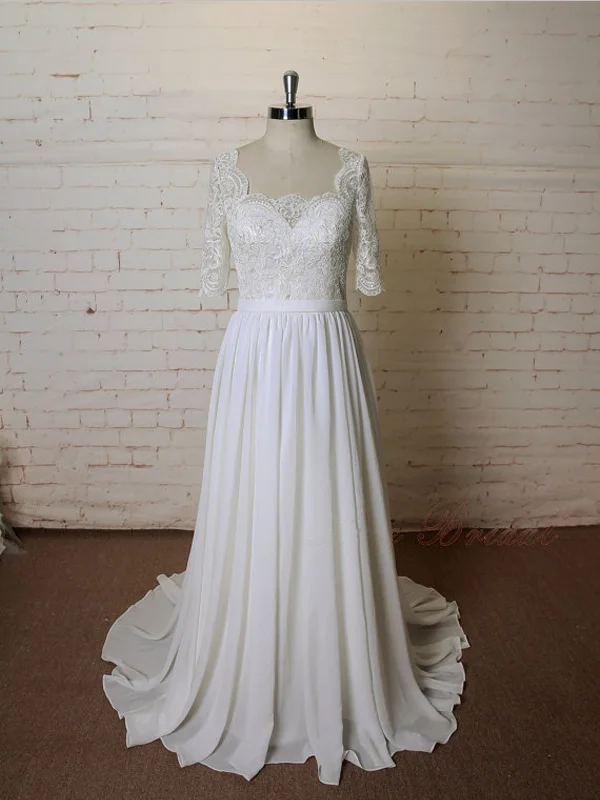 Elegant Square Neckline Lace Top Half Sleeves A Line Long Wedding Dresses, MD436 Glitter Wedding Dress