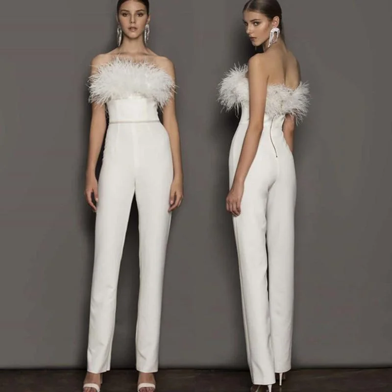 Feathered Wedding Jumpsuit A-line Wedding Gown