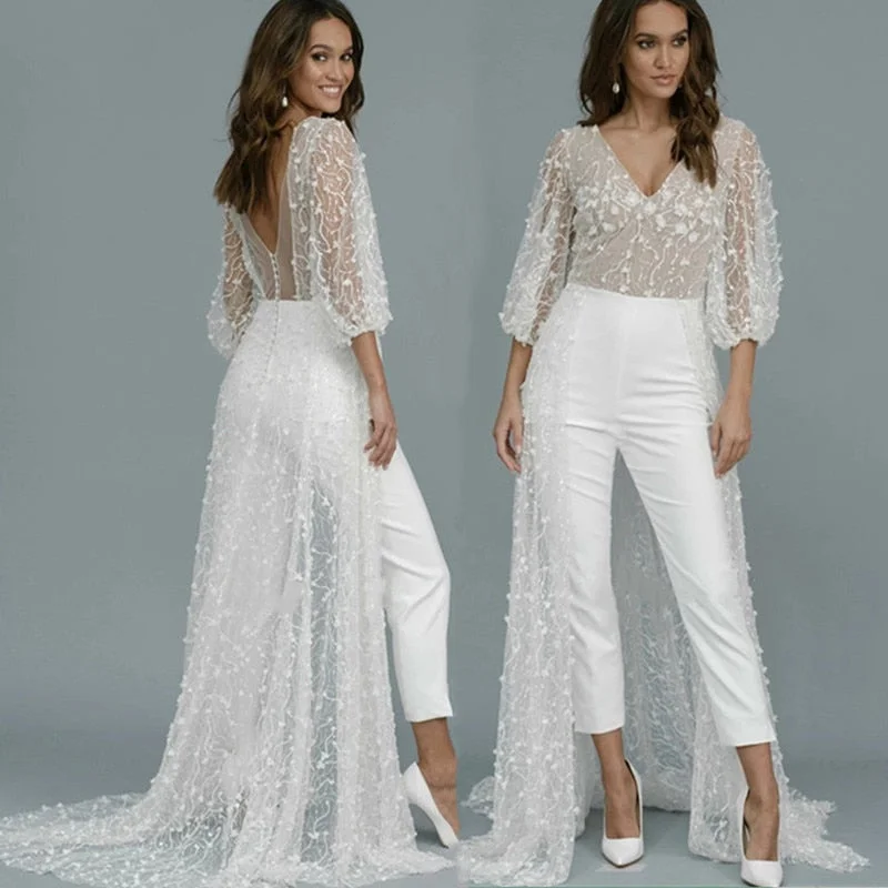 Glamorous Lace Wedding Jumpsuit Sparkling Wedding Dress