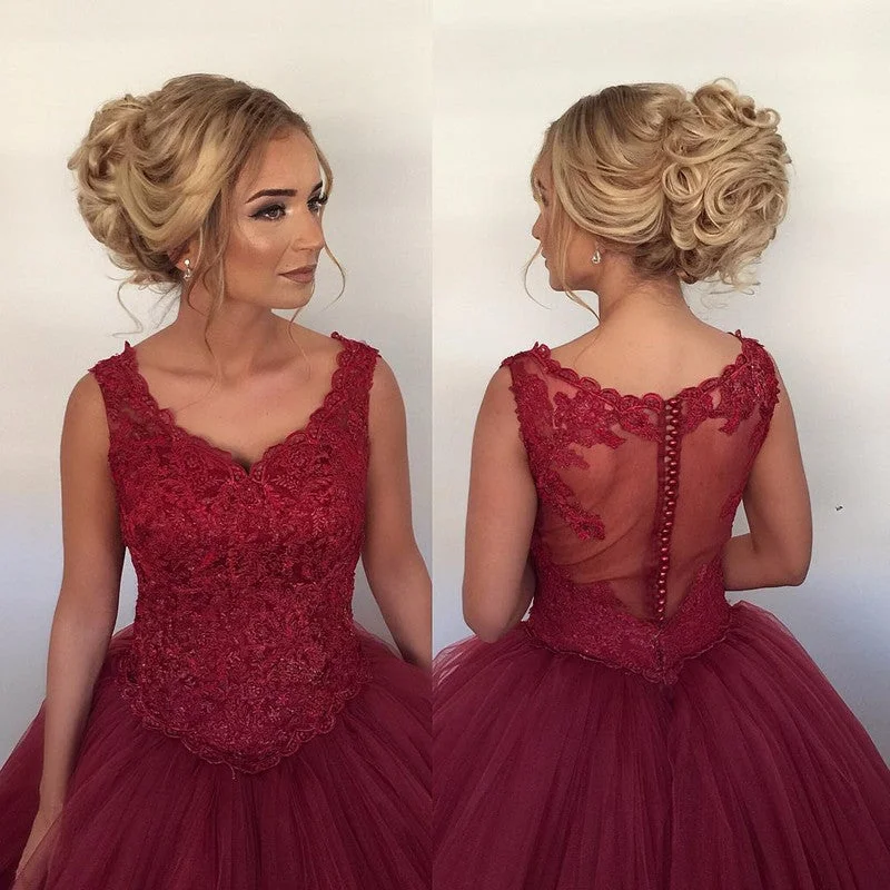 Lace Cap Sleeves V Neck Ball Gowns Wedding Dresses Burgundy Off-shoulder Gown