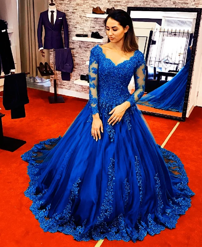 Long Sleeves Royal Blue Lace Ball Gowns Wedding Dresses Off-shoulder Bridal Gown