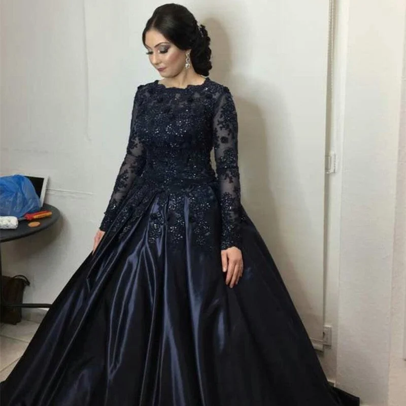 Navy Blue Lace Long Sleeves Wedding Dresses Ball Gowns Modern Lace Gown