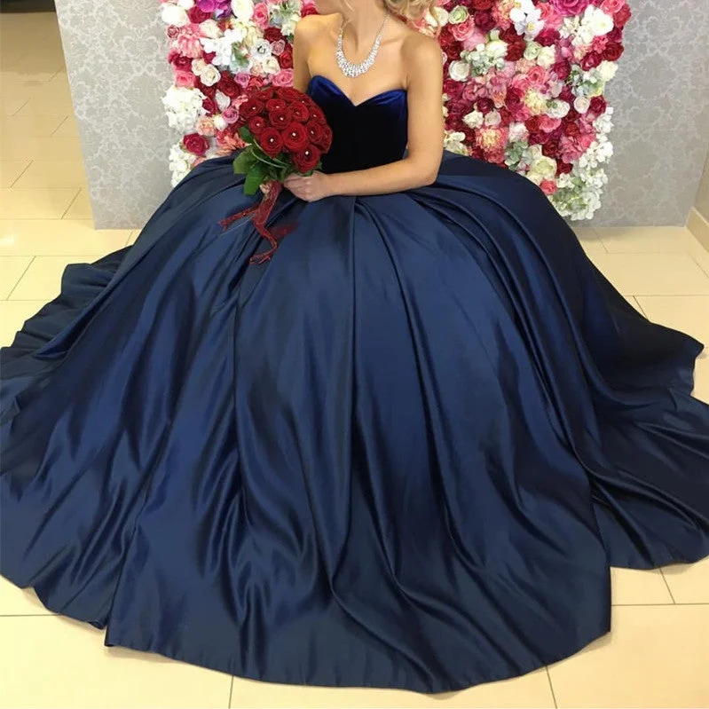 Navy Blue Satin Ball Gowns Wedding Dresses Velvet Sweetheart Top Chic Wedding Gown