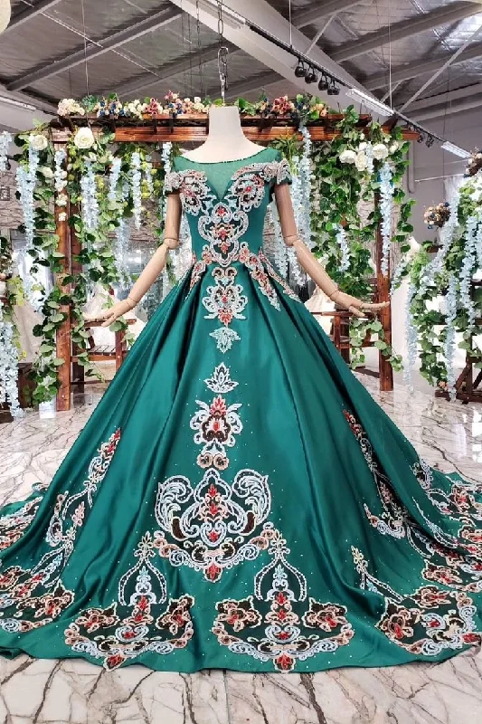 New Arrival Prom Dresses Short Sleeves Green Ball Gown With Applique Beads DMK18 Off-shoulder Wedding Gown