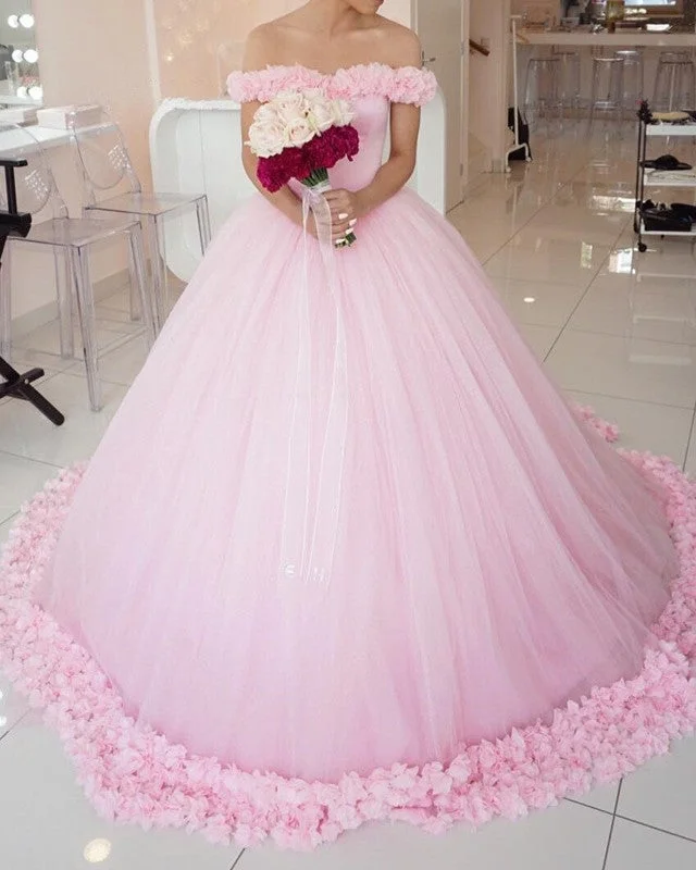 Tulle Flower Dresses Ball Gowns With Off Shoulder Strapless Wedding Gown