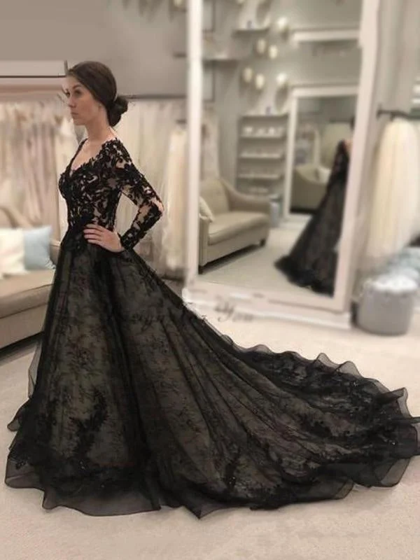 V-Neck Long Sleeves Bride Dresses Lace Black Wedding Dresses Mermaid Wedding Gown
