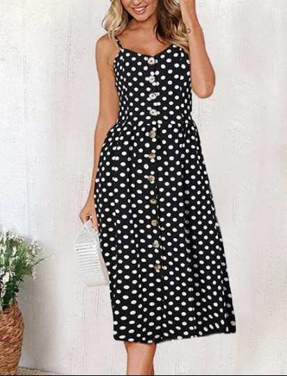 Ladies Casual Beach Dress Midi Button Backless Polka Dot Striped Women Dress Smocked midi dresses