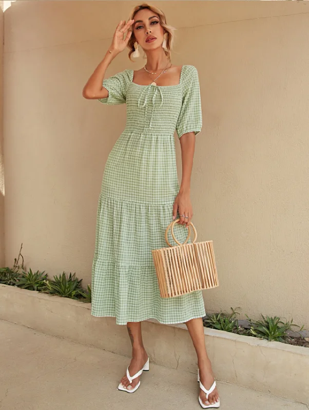 Plaid Square Collar Female High Waist Midi Dresses For Women Summer Bow Half Sleeve Long Dress Silk midi dresses