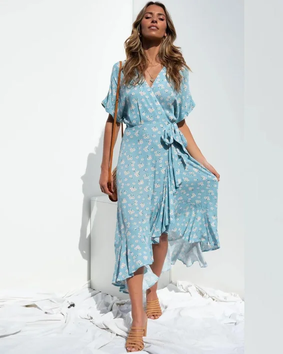 Women Casual Ruffle Wrap A-line Midi Dress Robe Holiday Elegant Dresses Wrap midi dresses