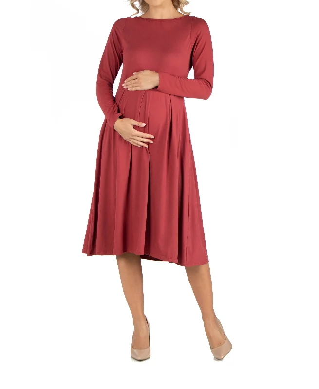 24seven Comfort Apparel Midi Length Fit Flare Pocket Maternity Dress Anniversary midi dresses