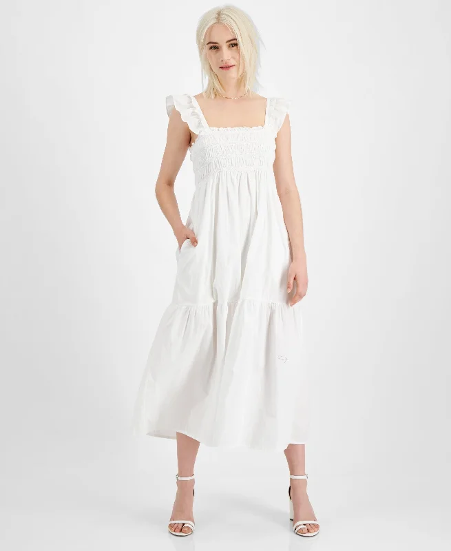 French Connection Isla Smocked Organic Cotton Midi Dress Discounted midi dresses