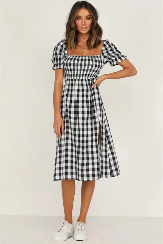 Full Size Slit Plaid Short Sleeve Midi Dress Y2K midi dresses