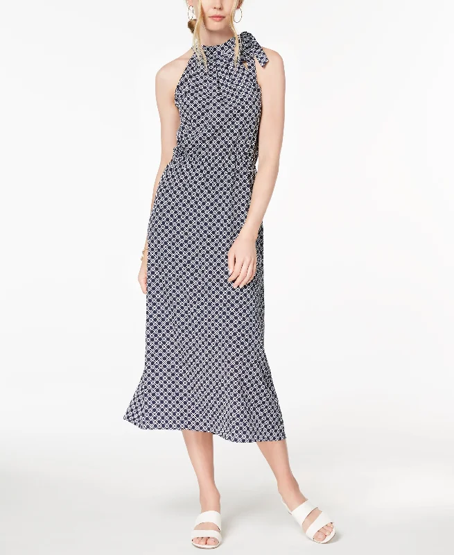 Maison Jules Printed Tie Neck Midi Dress Chiffon midi dresses