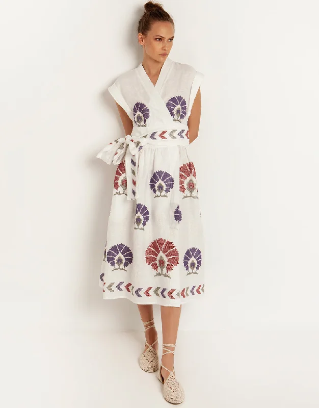 Mini Peacocks Wrap Midi Dress - White and Purple Holiday midi dresses