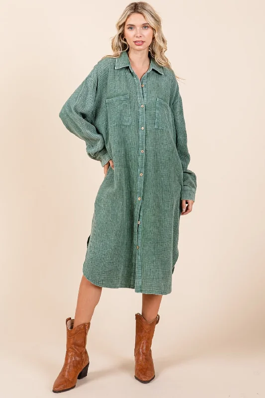 Mittoshop Mineral Wash Cotton Gauze Midi Shirt Dress Boohoo midi dresses