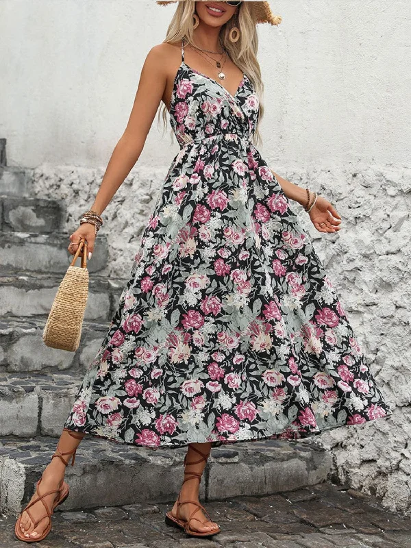 Smocked Printed Halter Neck Midi Dress Office midi dresses