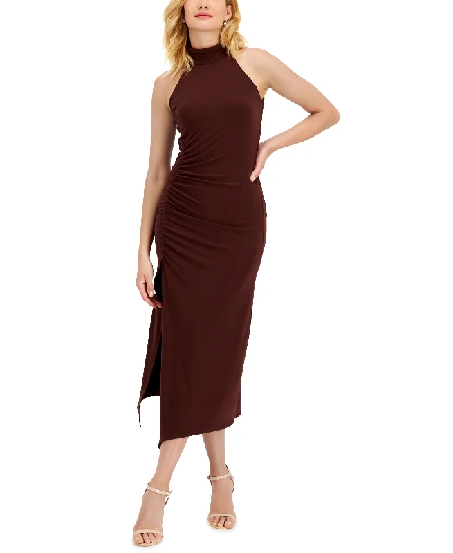 Taylor Mock Neck Shirred Asymmetrical Hem Midi Dress Best midi dresses for tall women