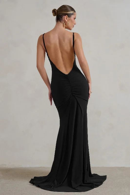 Adele | Black Ruched Fishtail Cami Maxi Dress Elegant maxi dresses